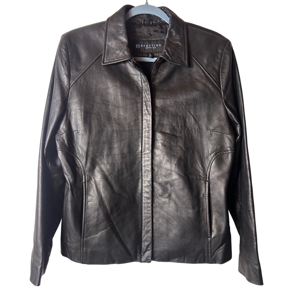 Reaction Kenneth Cole Black Leather Jacket Womens Large‎ Collared Zip Front